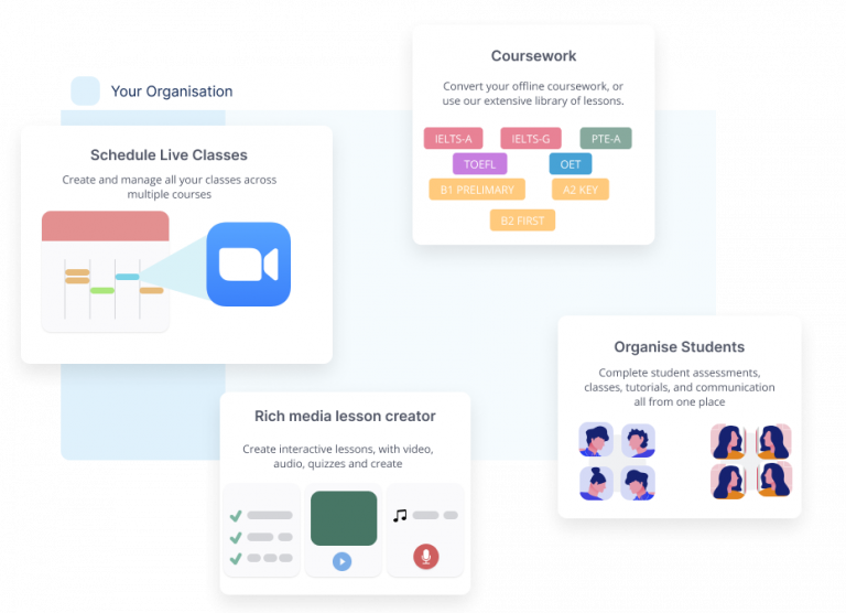 Schedule live classes, coursework, lesson creator and student organisation